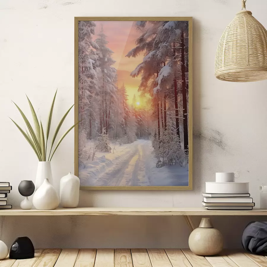 Fototapeta Ścieżka w zimowym lesie, śnieg, sosny, kolory zachodu słońca f41639