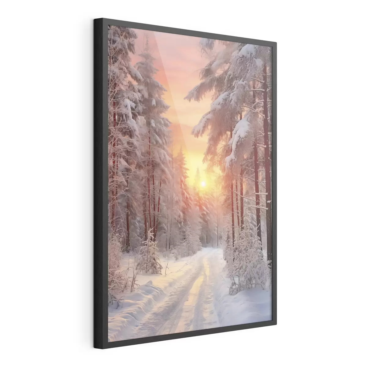 Plakat Ścieżka w zimowym lesie, śnieg, sosny, kolory zachodu słońca f41639