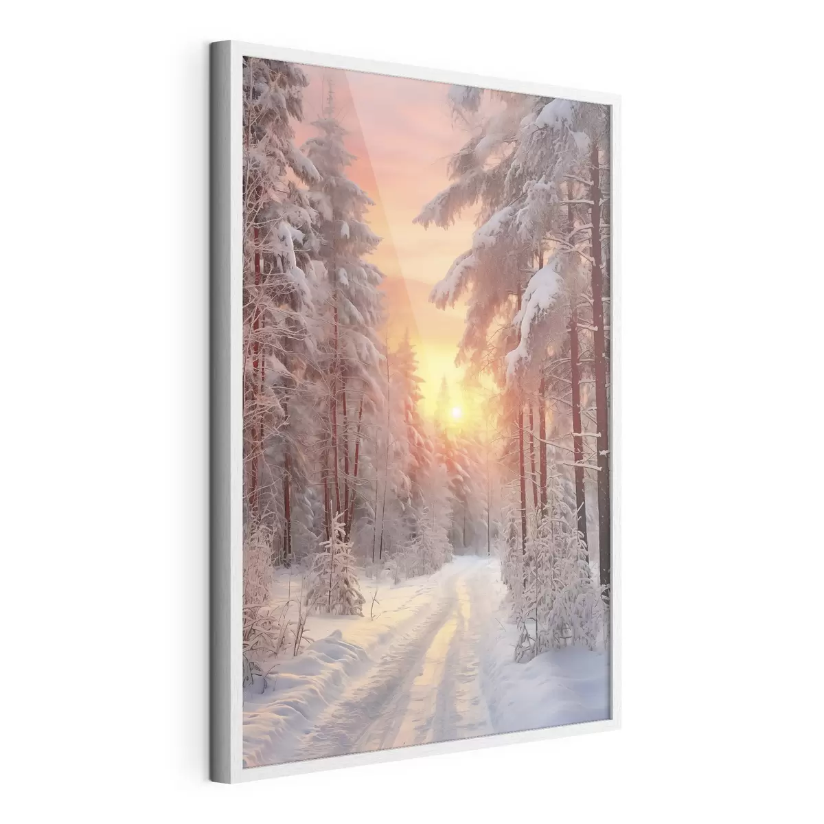 Plakat Ścieżka w zimowym lesie, śnieg, sosny, kolory zachodu słońca f41639