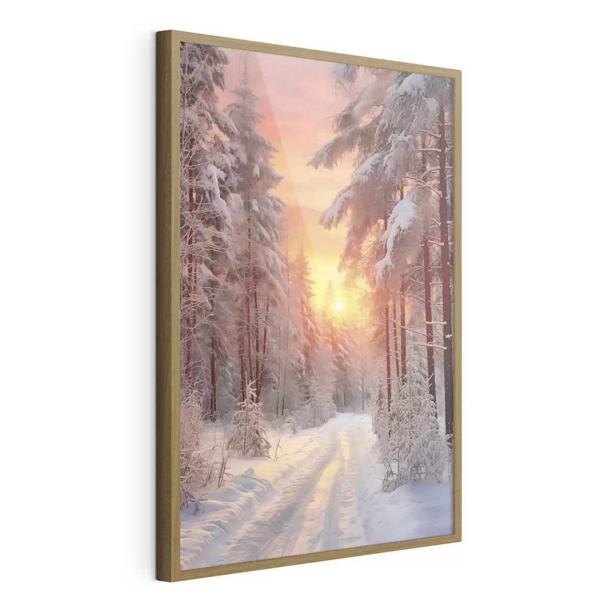 Plakat Ścieżka w zimowym lesie, śnieg, sosny, kolory zachodu słońca f41639