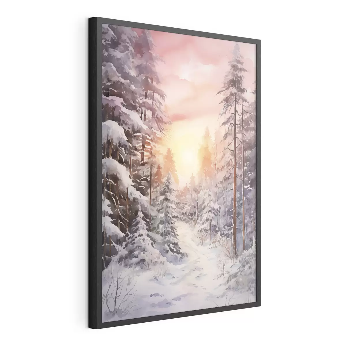 Plakat Piękna zima, akwarela las, śnieżny, drzewa, różowe niebo, zachód słońca f41641