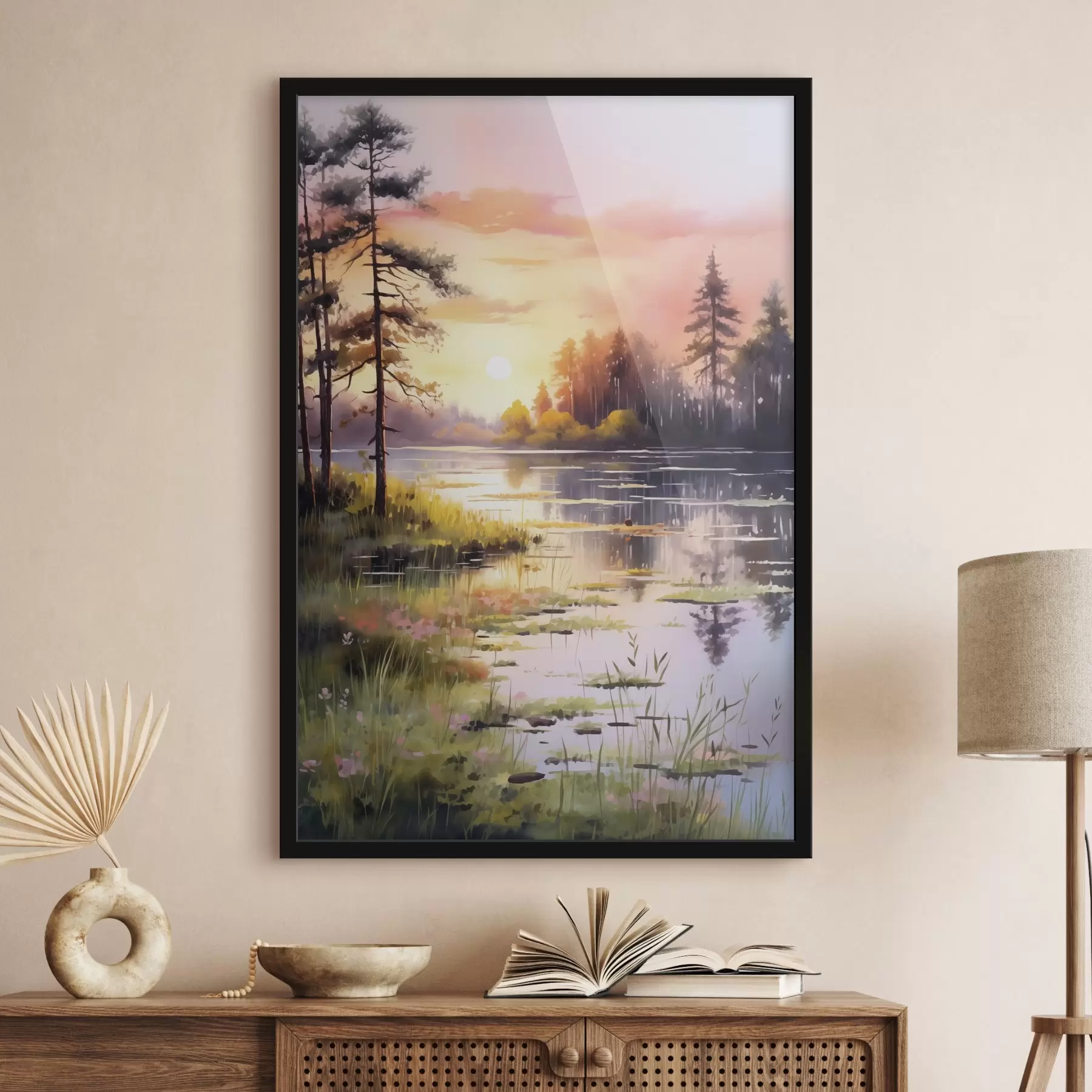 Fototapeta Wschód słońca nad leśnym jeziorem, akwarela, drzewa, kwiaty, delikatne światło f41644