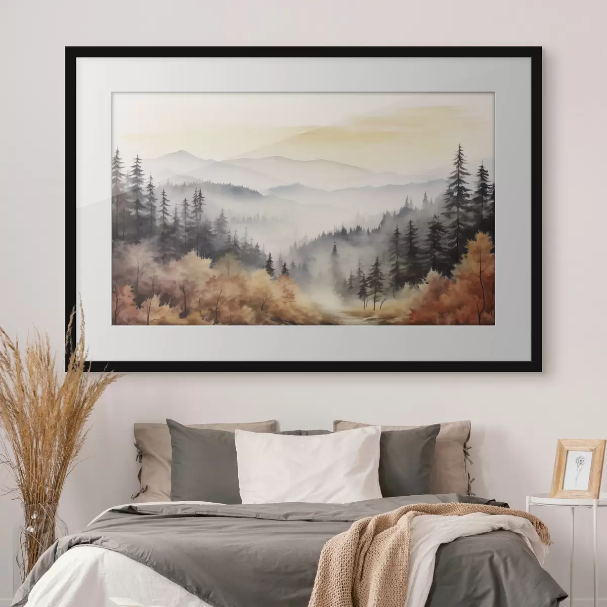 Plakat Piękne mgliste góry, jesienny las, akwarela f41646