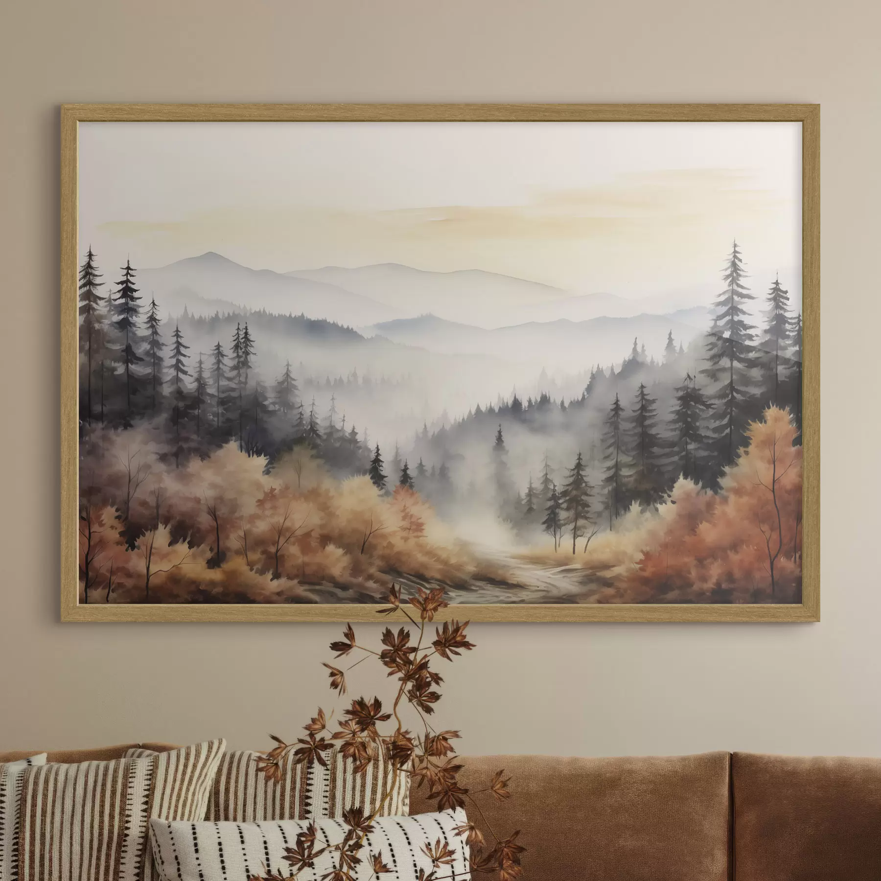 Fototapeta Piękne mgliste góry, jesienny las, akwarela f41646
