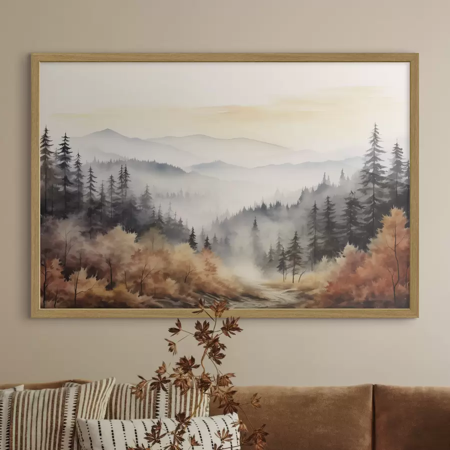 Fototapeta Piękne mgliste góry, jesienny las, akwarela f41646