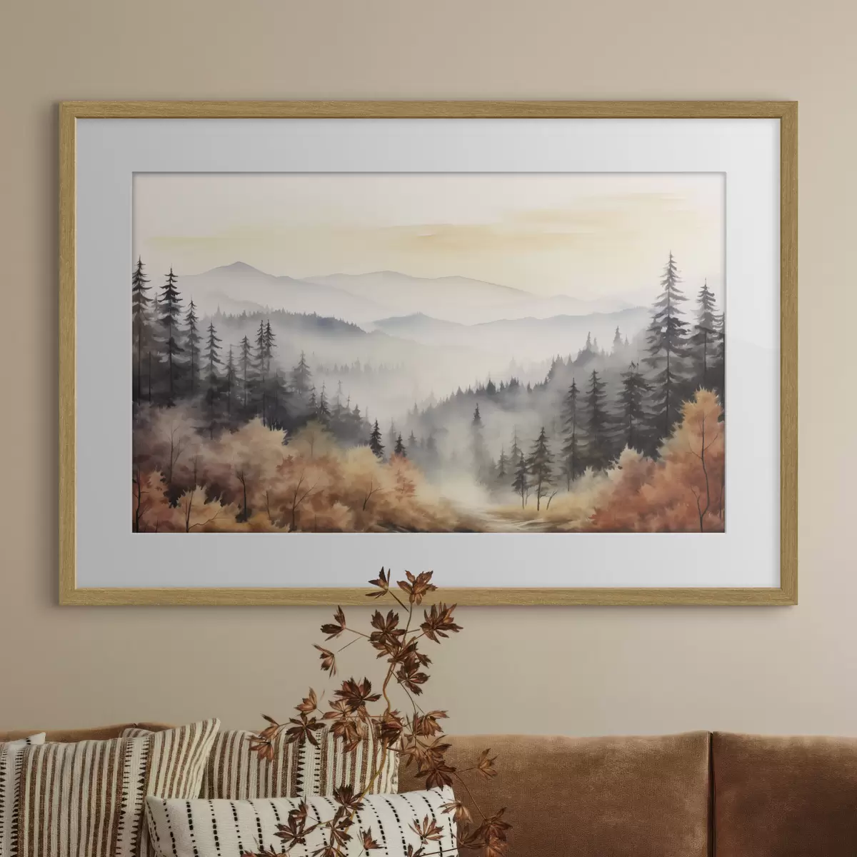 Plakat Piękne mgliste góry, jesienny las, akwarela f41646