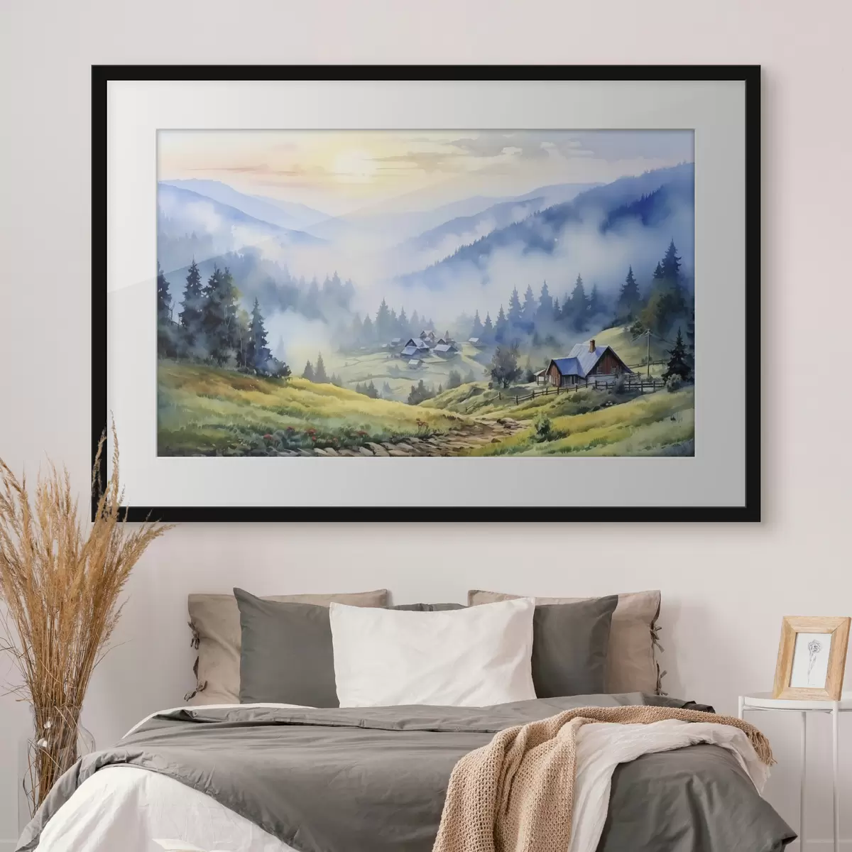 Plakat Karpacka wioska w mglistych górach, las, akwarela f41648