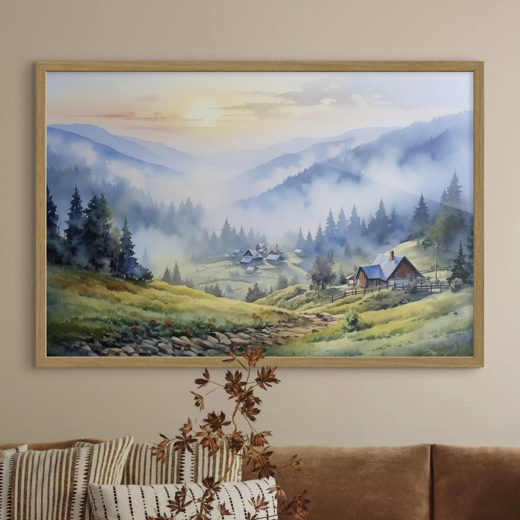 Fototapeta Karpacka wioska w mglistych górach, las, akwarela f41648