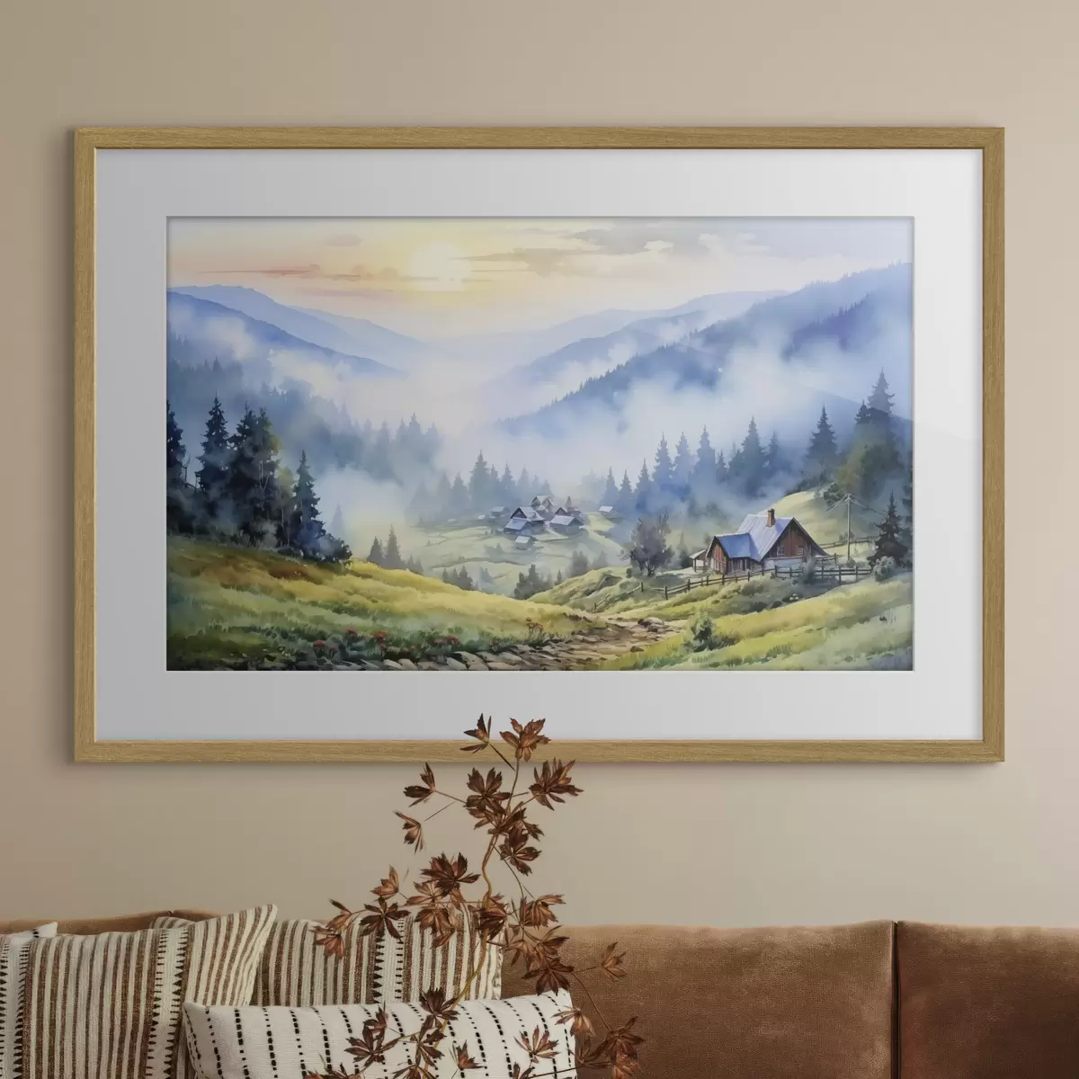 Plakat Karpacka wioska w mglistych górach, las, akwarela f41648