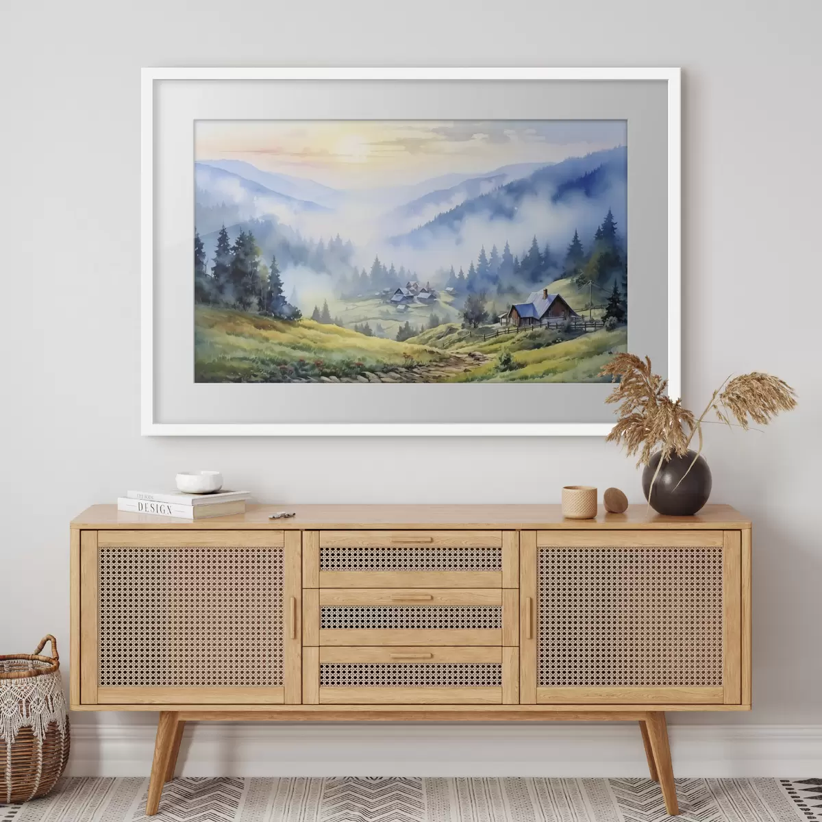 Plakat Karpacka wioska w mglistych górach, las, akwarela f41648