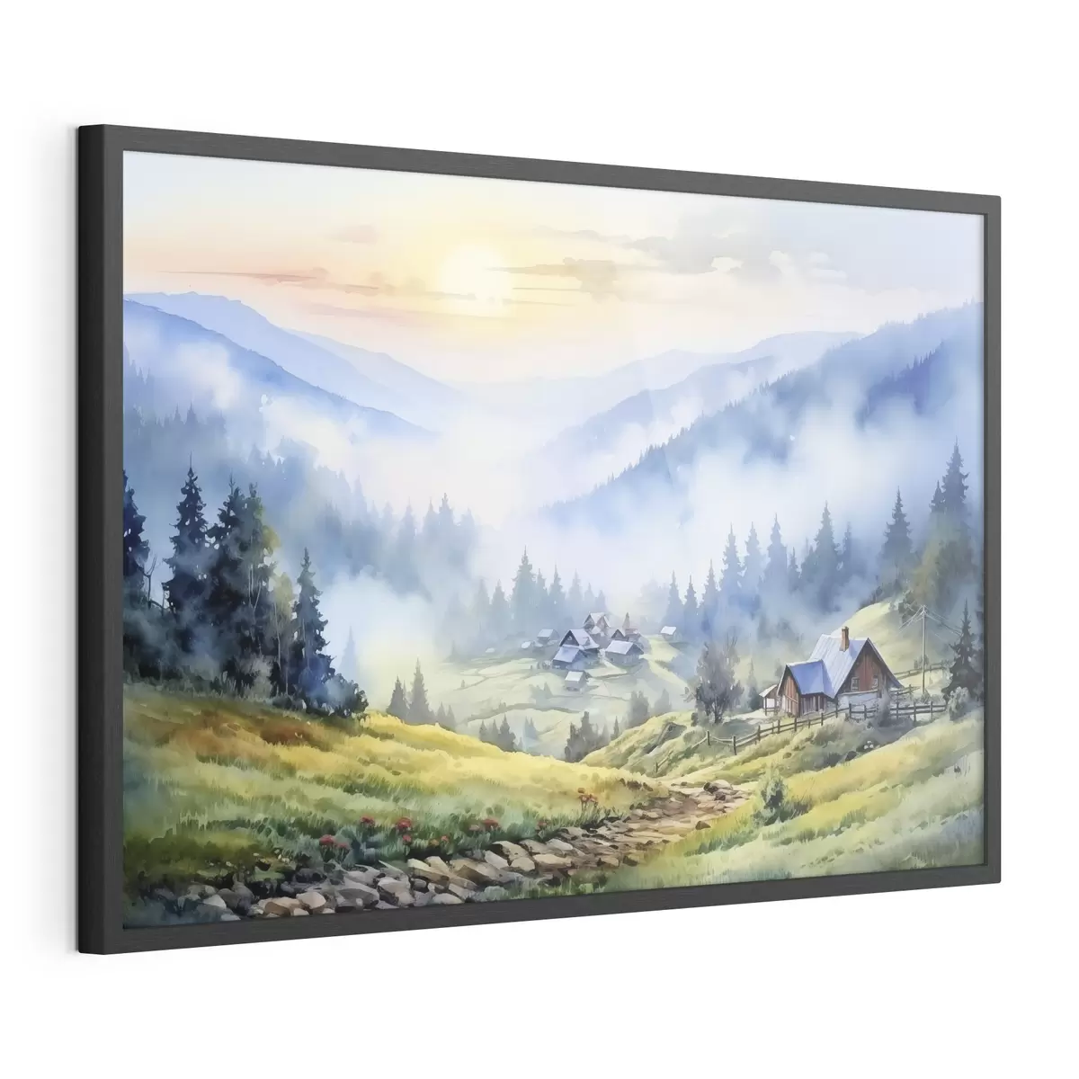 Plakat Karpacka wioska w mglistych górach, las, akwarela f41648