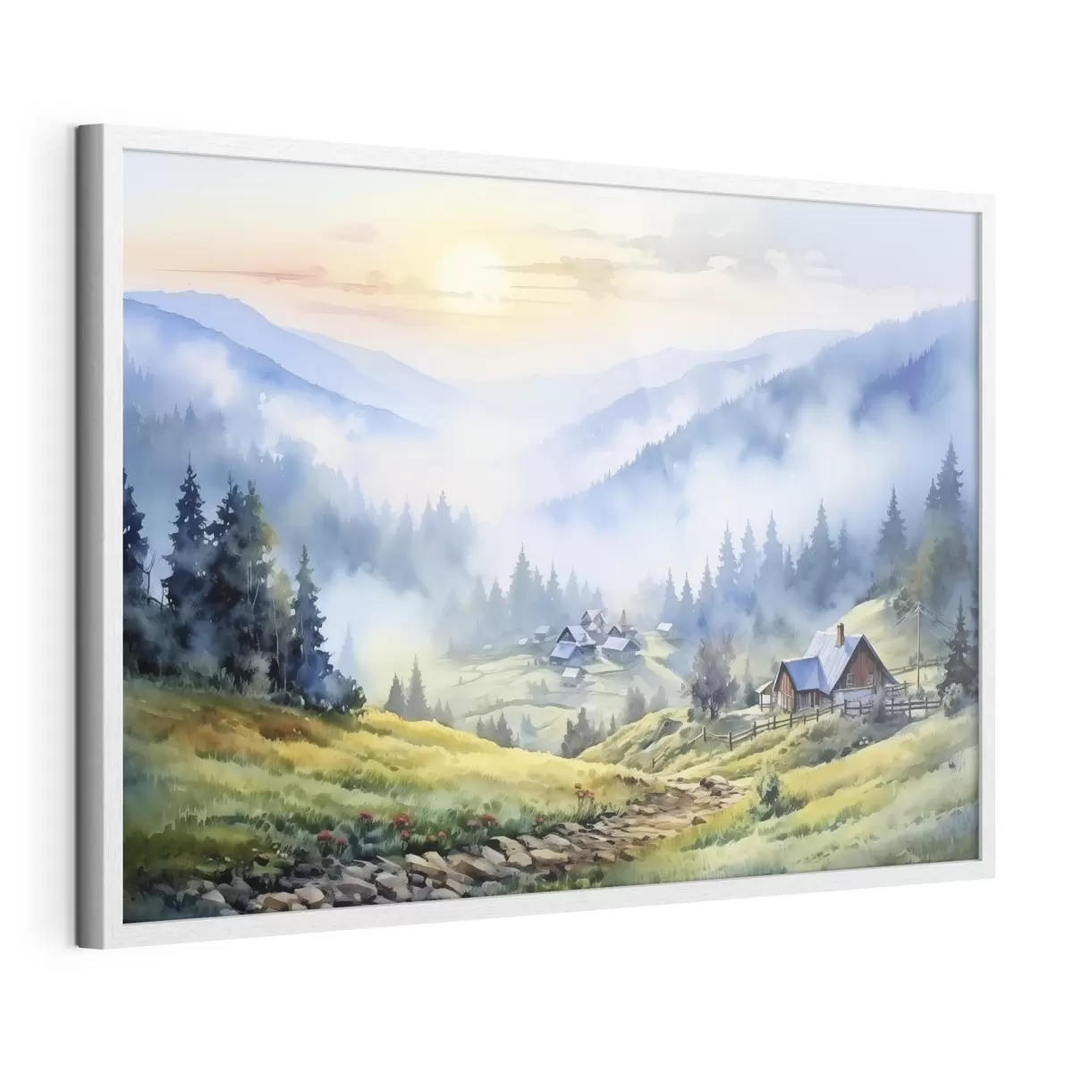 Plakat Karpacka wioska w mglistych górach, las, akwarela f41648