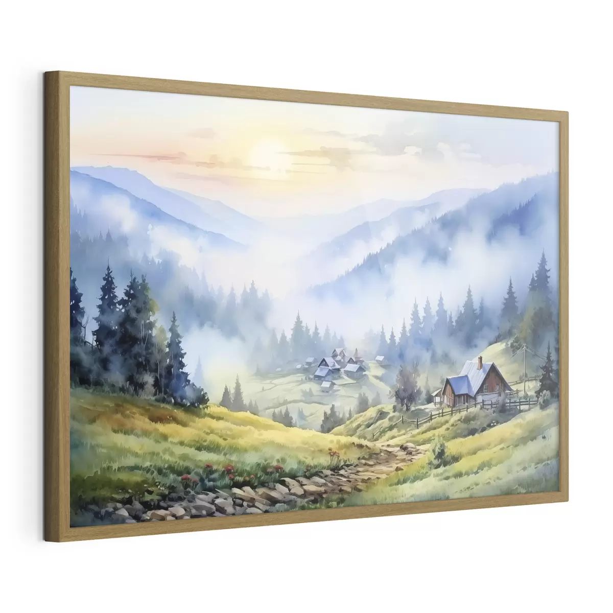 Plakat Karpacka wioska w mglistych górach, las, akwarela f41648