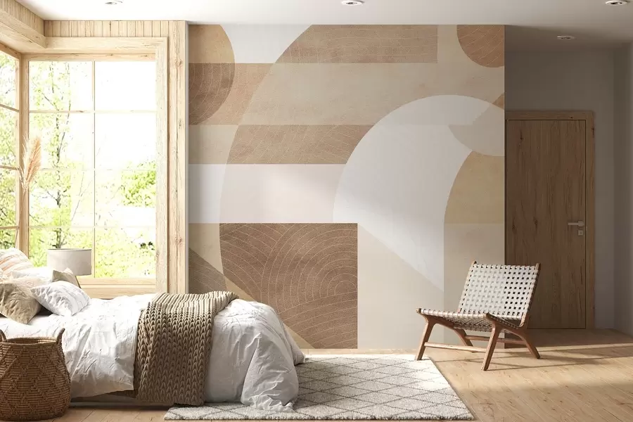 Fototapeta Nowoczesna geometria z abstrakcyjnymi kształtami, teksturowane detale w odcieniach beżu i brązu w02140