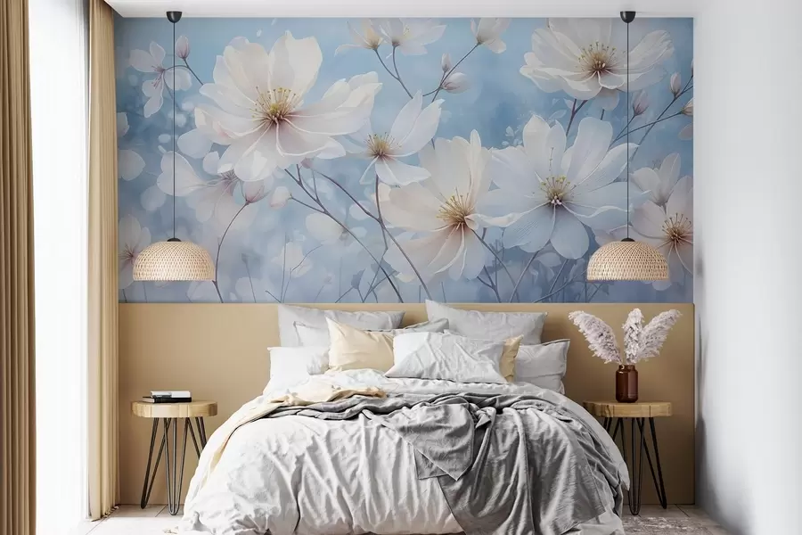 Fototapeta Delikatne białe kwiaty z miękkimi płatkami na rozmytym niebieskim tle, tworzące pogodną i eteryczną atmosferę w08412