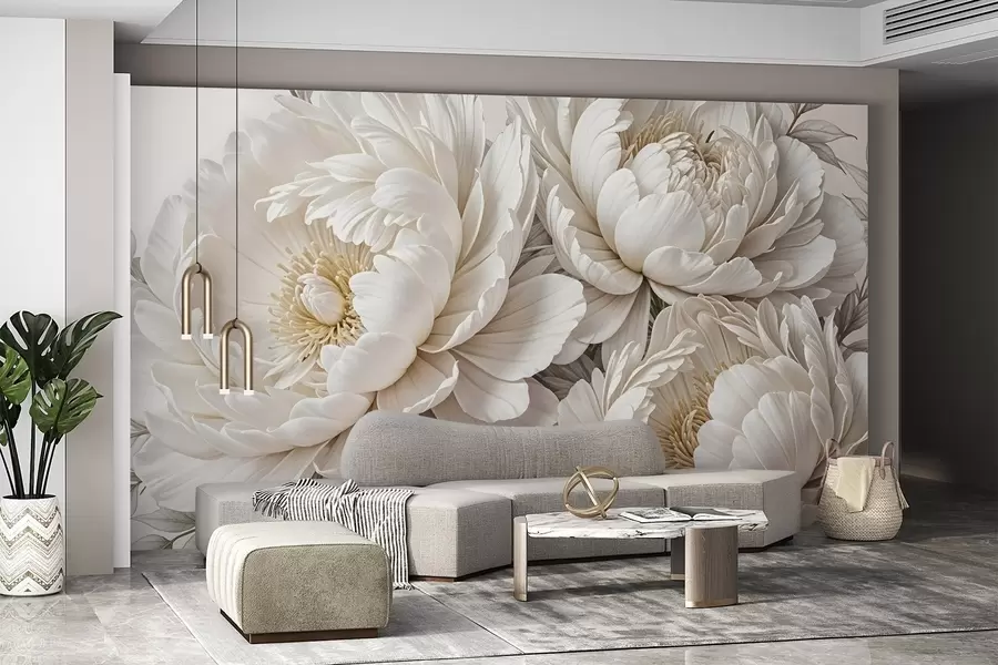 Fototapeta Delikatne pastelowe białe piwonie z bujnymi liśćmi na miękkim, neutralnym tle w08420