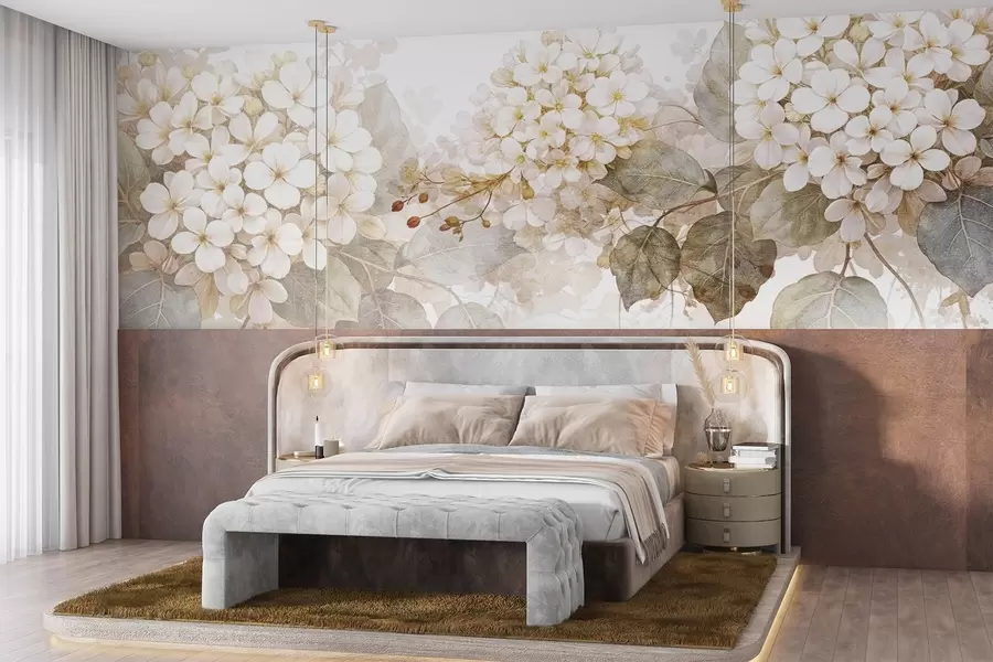 Fototapeta Delikatne białe kwiaty hortensji z miękkimi zielonymi liśćmi na jasnym tle w08422