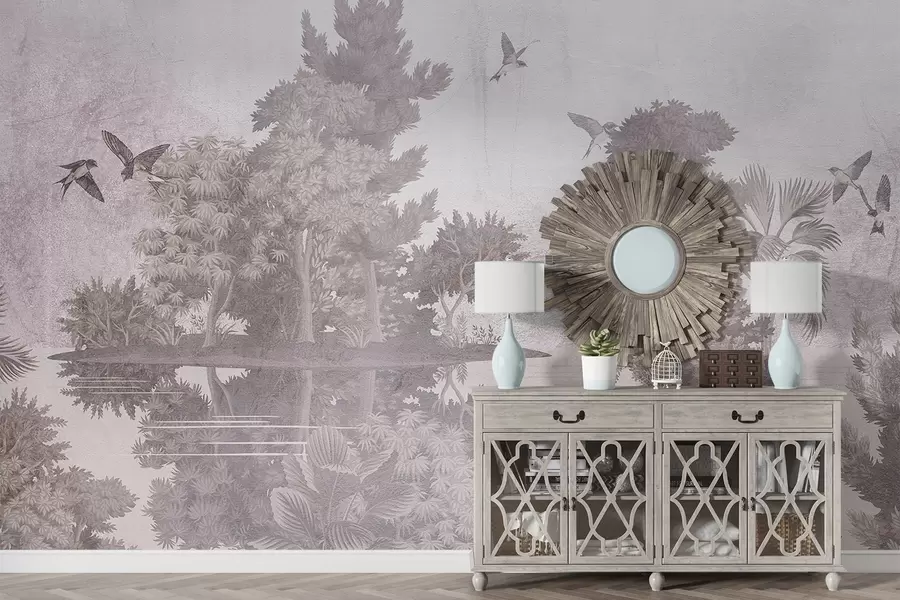 Fototapeta Nadruk leśnego krajobrazu z jeziorem otoczonym sosnami i innymi liśćmi na teksturowanym beżowym tle w08426