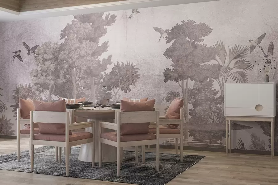 Fototapeta Nadruk leśnego krajobrazu z jeziorem otoczonym sosnami i innymi liśćmi na teksturowanym beżowym tle w08426