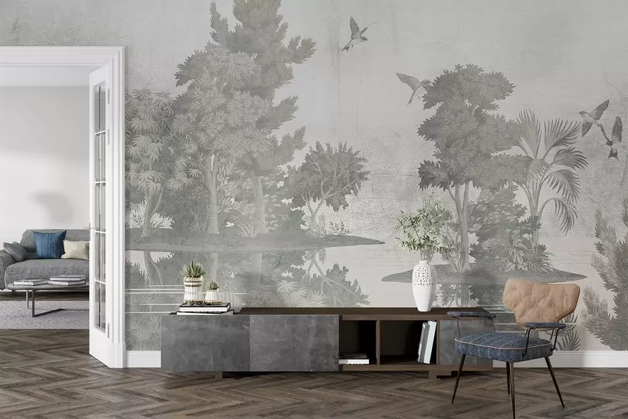 Fototapeta Nadruk leśnego krajobrazu z jeziorem otoczonym sosnami i innymi liśćmi na teksturowanym zielonym tle w08426v1