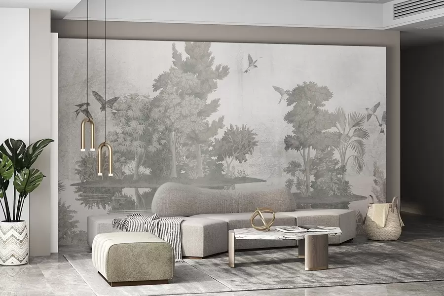 Fototapeta Nadruk leśnego krajobrazu z jeziorem otoczonym sosnami i innymi liśćmi na teksturowanym zielonym tle w08426v1