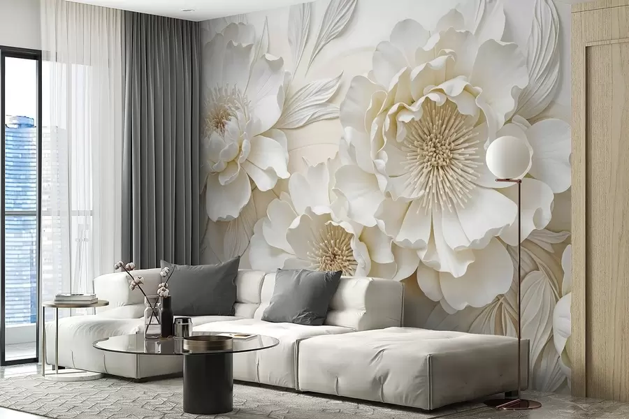 Fototapeta Elegancka, obszerna imitacja białych kwiatów piwonii z delikatnymi płatkami i pastelowymi żółtymi środkami, na jasnym tle w08431