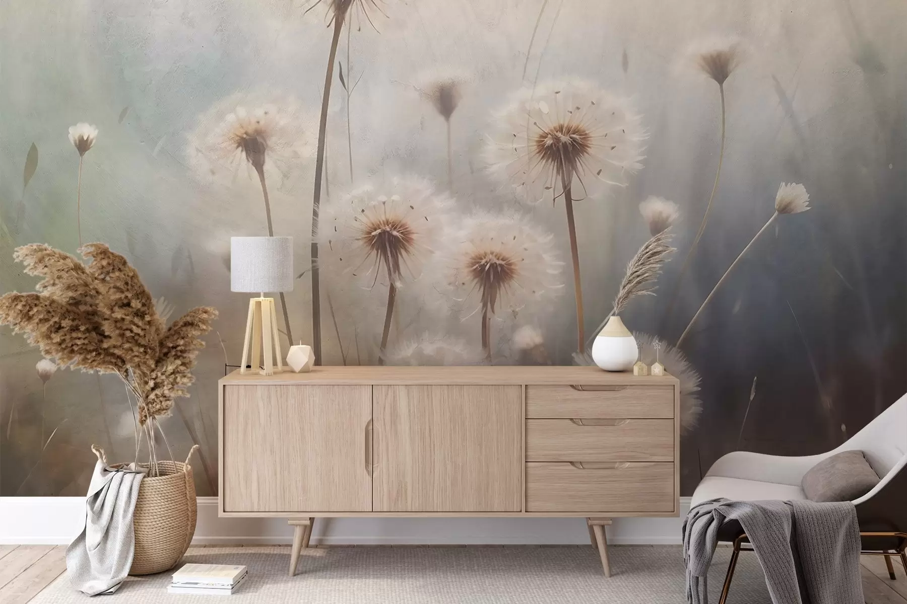 Fototapeta Miękka ostrość kwiatów mniszka lekarskiego na polu, z rozmytym pastelowym teksturowanym tłem w08432