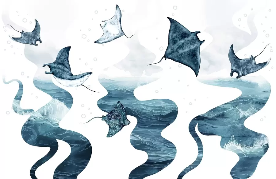 Fototapeta Ryba manta, akwarela, morze, ocean, niebieskie kolory w02266