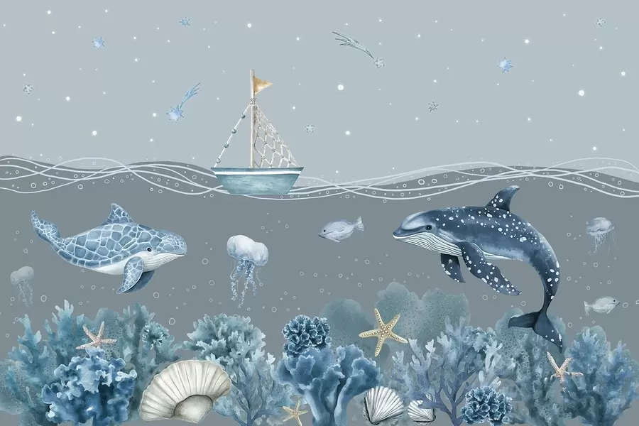 Fototapeta Życie morskie, styl akwareli, koralowce, łódź, delfin, meduza, rozgwieżdżone niebo, delikatne niebieskie kolory w02310v3