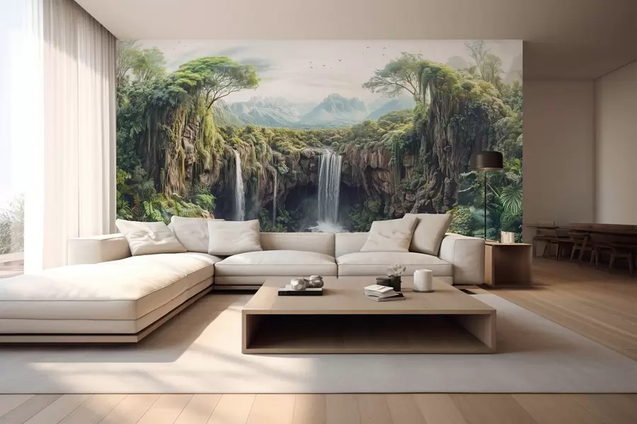 Fototapeta duża panorama kanionu z drzewami i wodospadem w02294