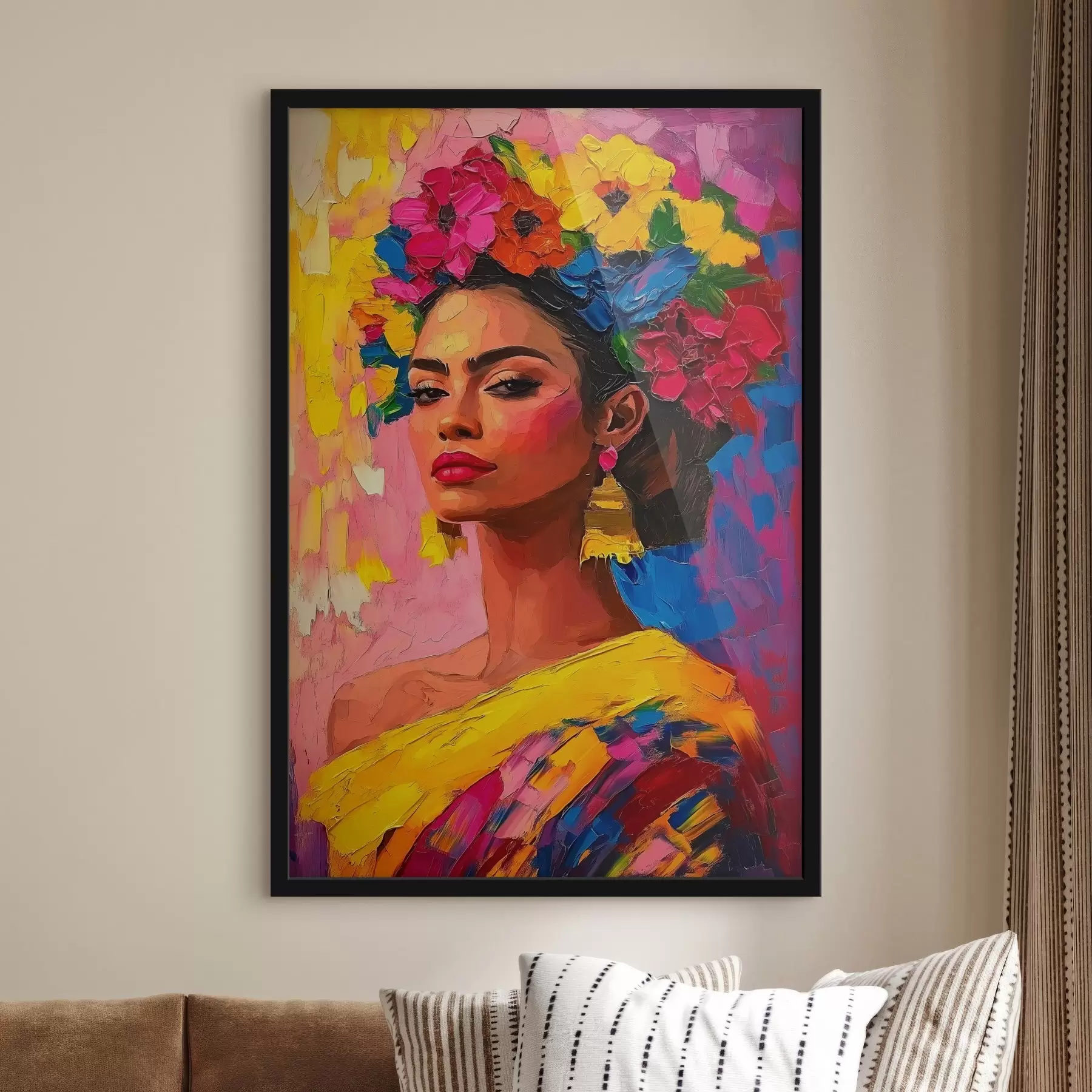 Fototapeta Kobieta ozdobiona jasną kwiatową koroną na kolorowym tle f41809