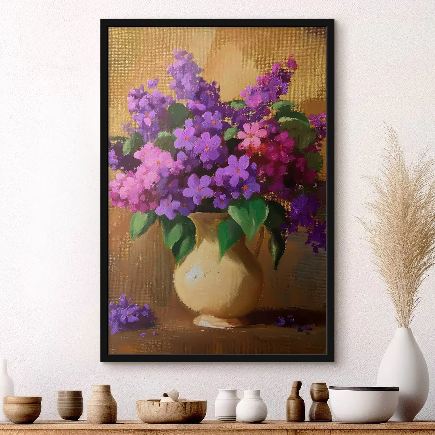 Fototapeta Fioletowo-różowe kwiaty w żółtym dzbanku f41822