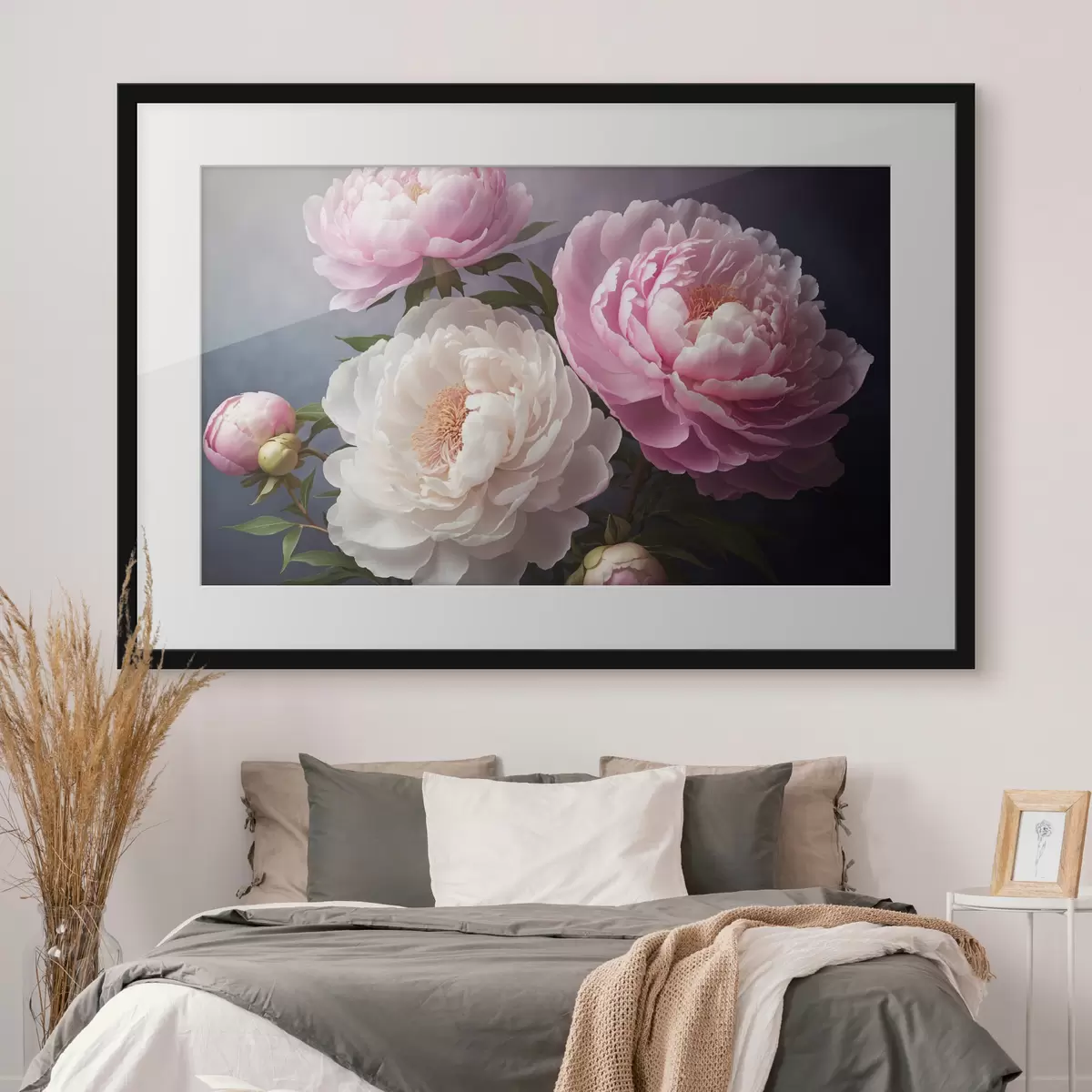 Plakat Piwonie na ciemnym, jasnym tle f41508