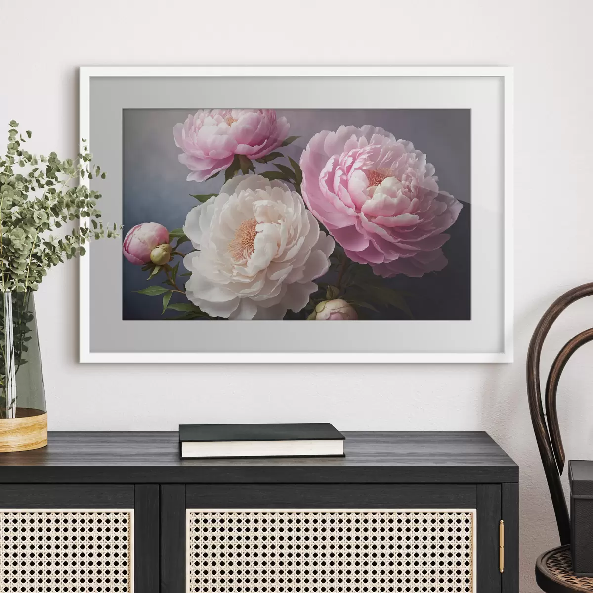 Plakat Piwonie na ciemnym, jasnym tle f41508
