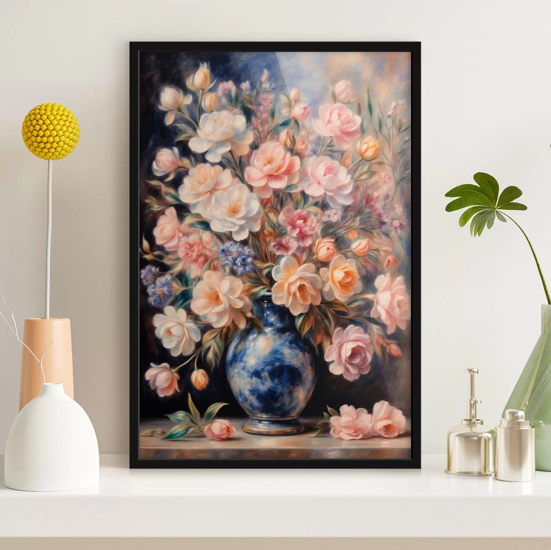 Fototapeta Bukiet kwiatów w niebieskim wazonie na rozmytym tle f41516