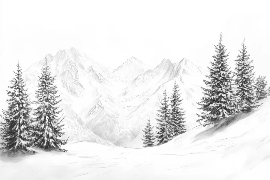 Fototapeta Ośnieżone góry, rysunek ołówkiem, minimalizm, las, natura w02351