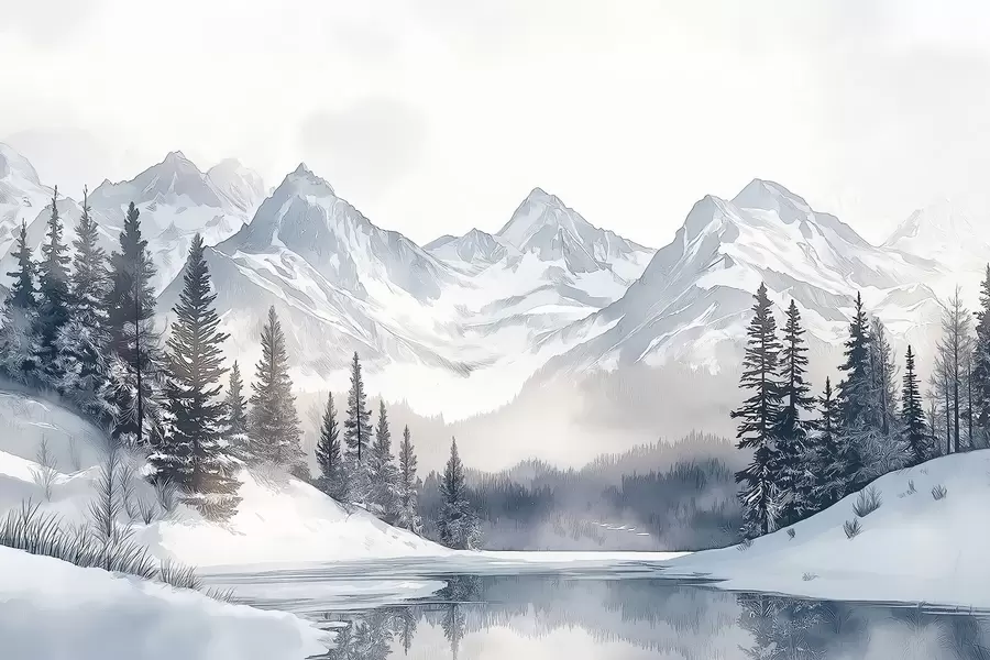 Fototapeta Góry z jeziorem, zima, las, niebo o zachodzie słońca, natura w02357