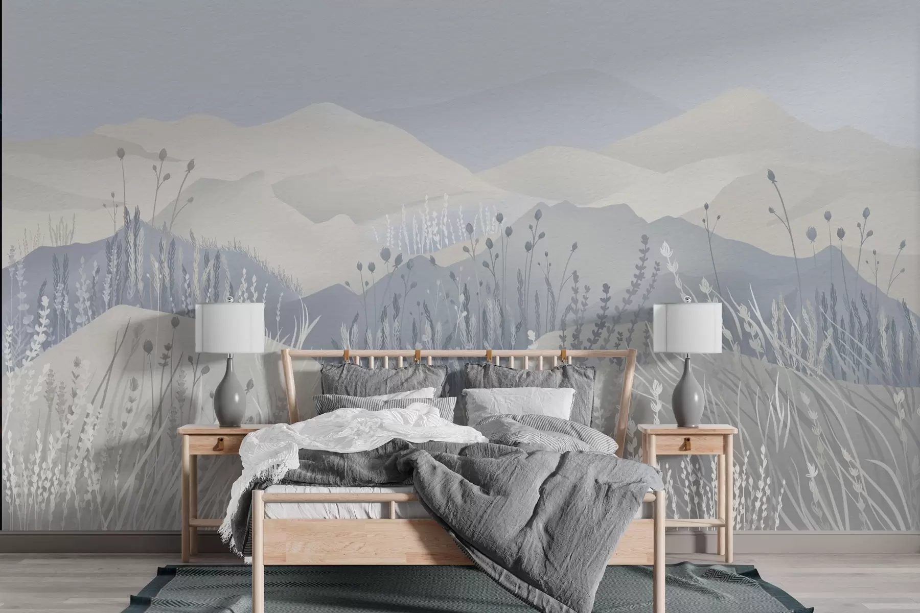 Fototapeta Zamglone góry, polne trawy i kwiaty w niebieskich odcieniach w02317v1