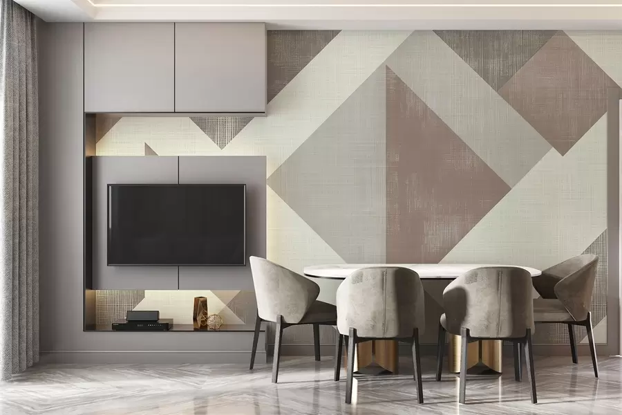 Fototapeta Nowoczesny geometryczny wzór tapety z nakładającymi się kształtami w delikatnych odcieniach beżu, zieleni i szarości w02341v1