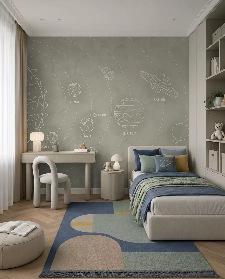 Fototapeta Układ słoneczny w minimalistycznym stylu na chłodnym beżowym teksturowanym tle w02344