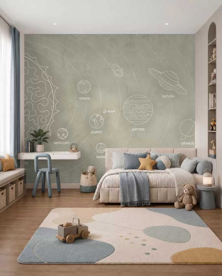 Fototapeta Układ słoneczny w minimalistycznym stylu na chłodnym beżowym teksturowanym tle w02344