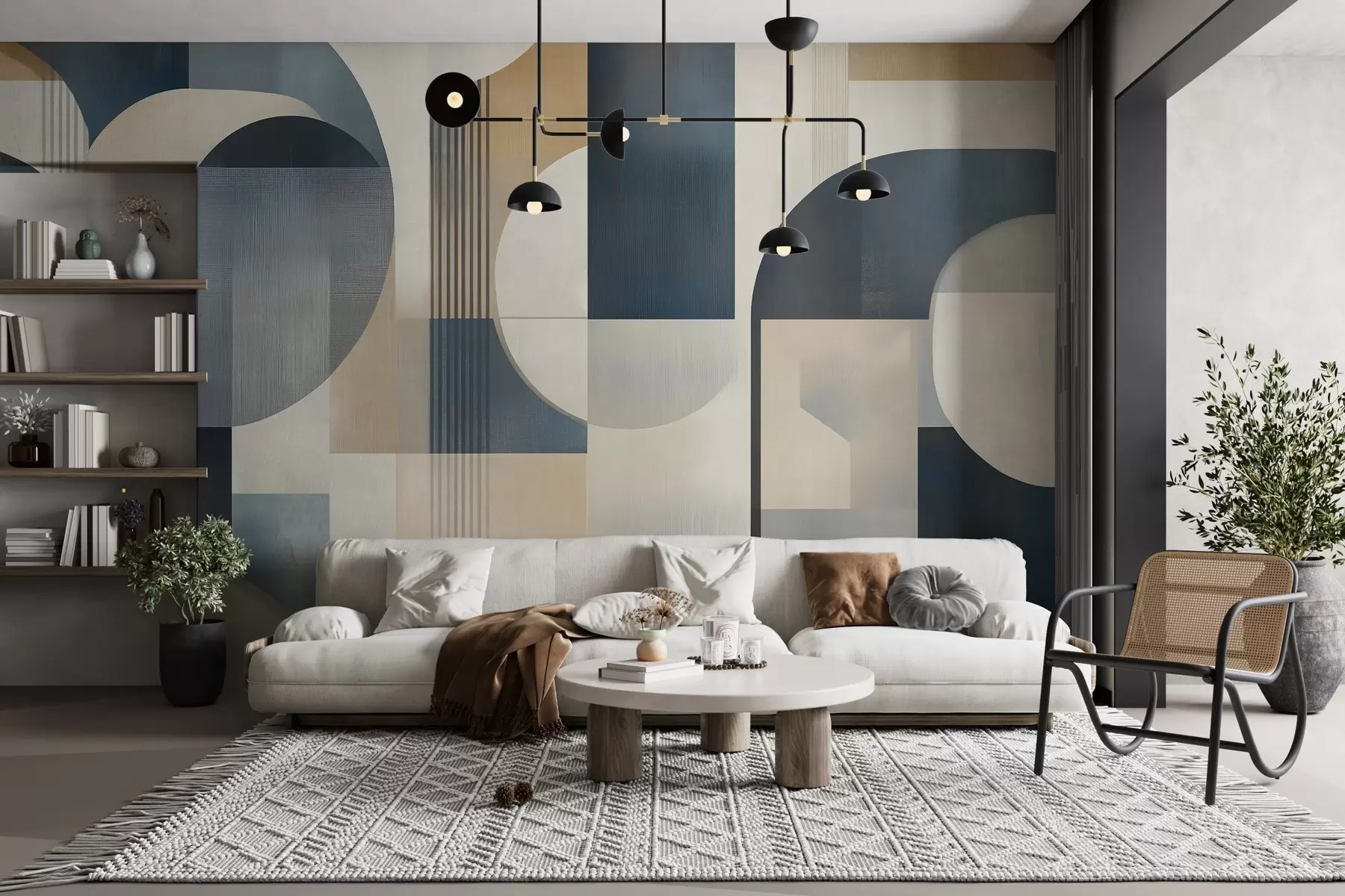 Fototapeta Tapeta w stylu Art Deco z geometrycznym wzorem w odcieniach niebieskiego, beżu i mlecznego w02346