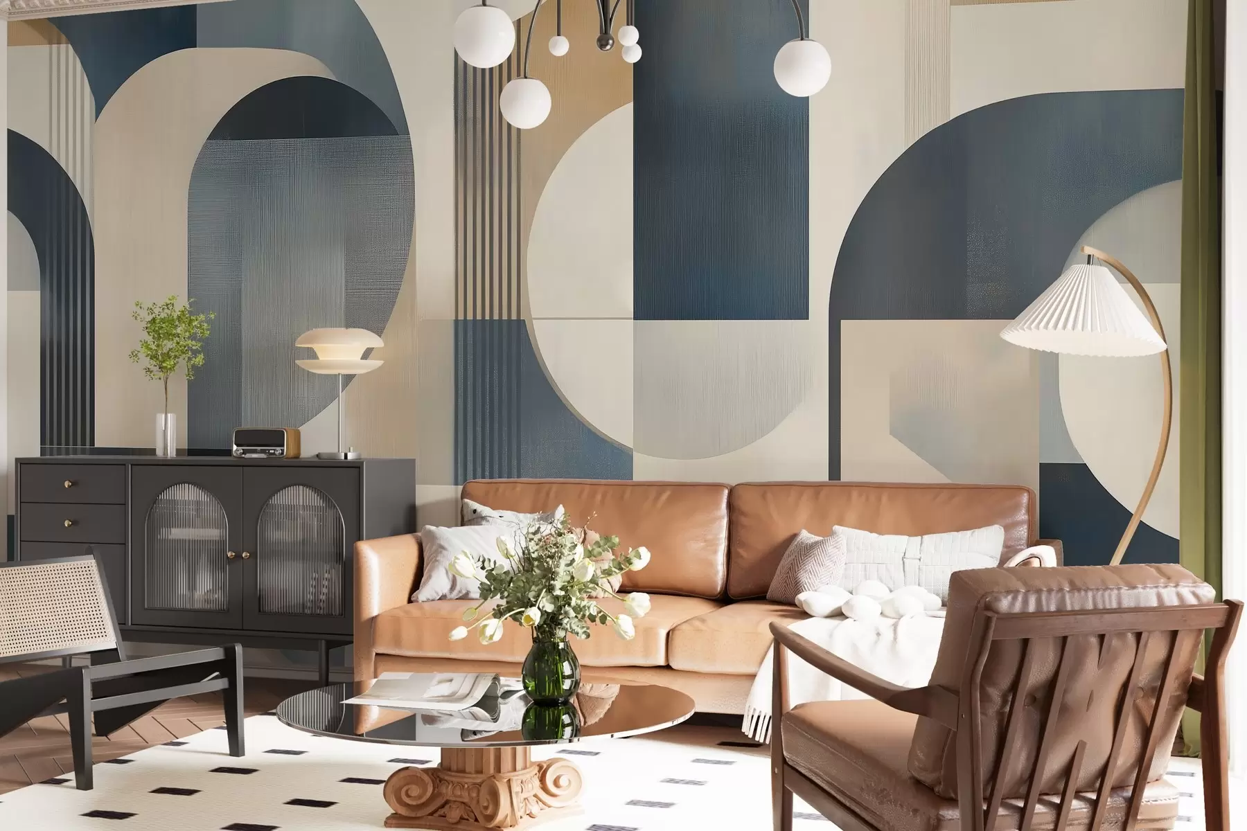 Fototapeta Tapeta w stylu Art Deco z geometrycznym wzorem w odcieniach niebieskiego, beżu i mlecznego w02346