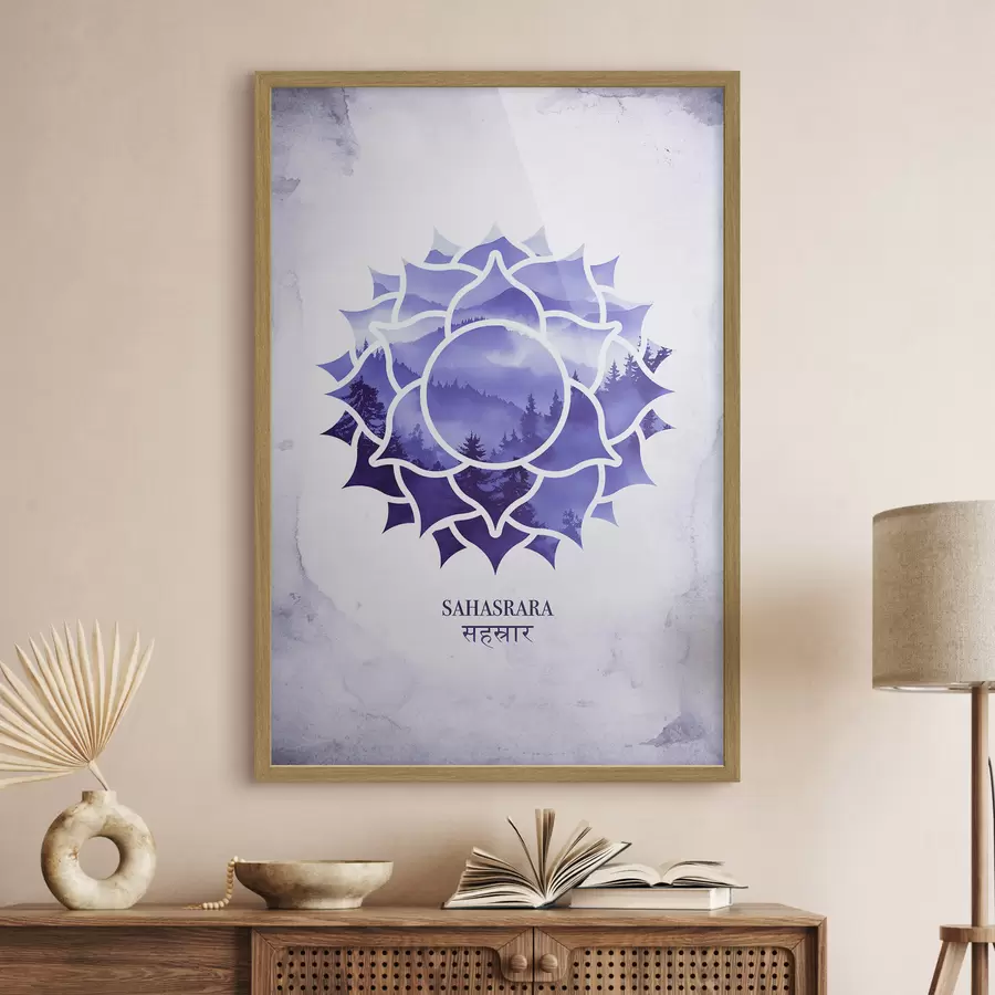 Fototapeta Czakra Sahasrara, fioletowa czakra, ezoteryka, medytacja, buddyzm, góry w stylu akwareli f41886