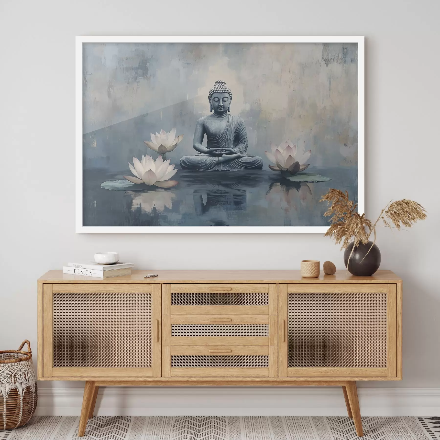 Fototapeta Medytujący Budda w jeziorze z lotosami, orientalny styl akrylowy f41891