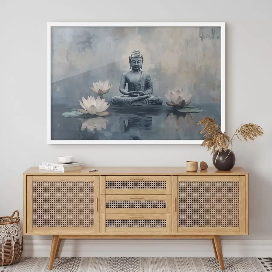Fototapeta Medytujący Budda w jeziorze z lotosami, orientalny styl akrylowy f41891