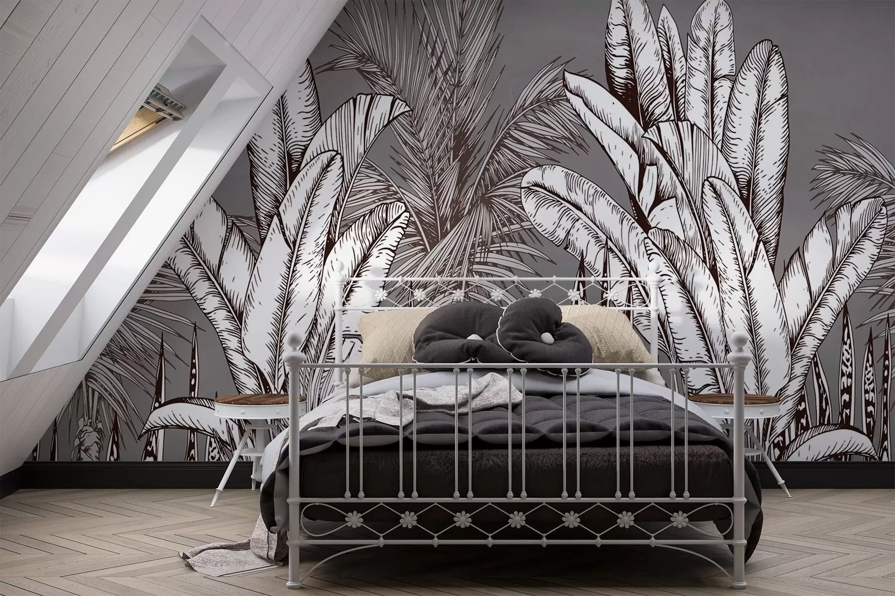 Fototapeta Wzór z tropikalnymi liśćmi na szarym tle w02299