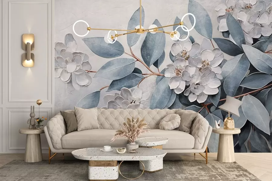 Fototapeta Delikatne białe kwiaty z szaro-zielonymi liśćmi na miękkim, stonowanym tle w stylu malarstwa olejnego  w08437