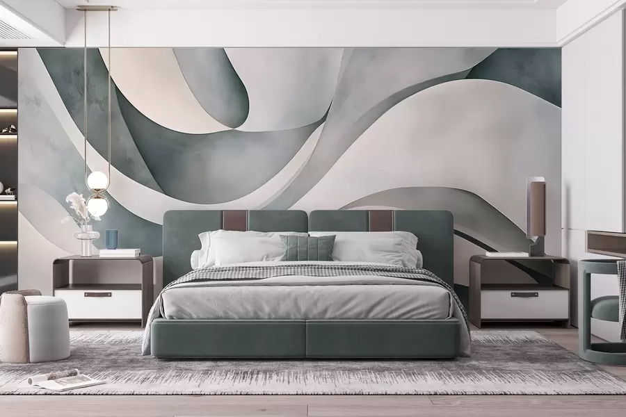 Fototapeta Białe, niebieskie i szare zakrzywione kształty i formy, tworzące abstrakcyjny teksturowy nowoczesny minimalistyczny nadruk  w08439v1