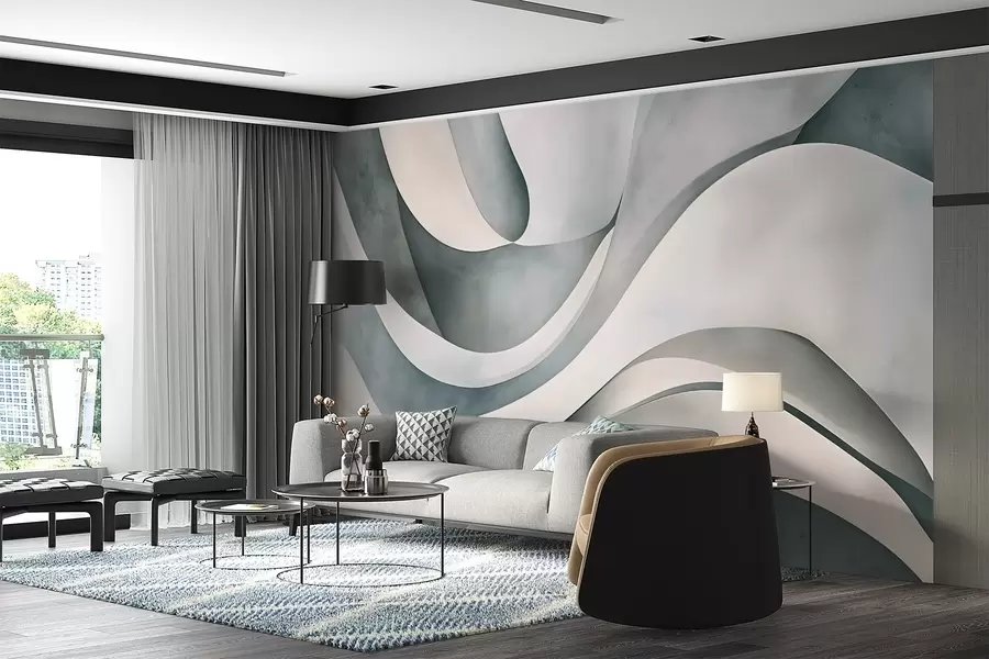 Fototapeta Białe, niebieskie i szare zakrzywione kształty i formy, tworzące abstrakcyjny teksturowy nowoczesny minimalistyczny nadruk  w08439v1